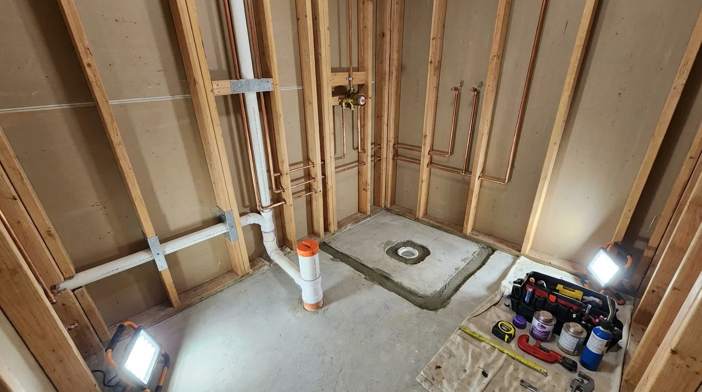 Bathroom rough-in plumbing during remodel by Johns Plumbing LLC in Mankato