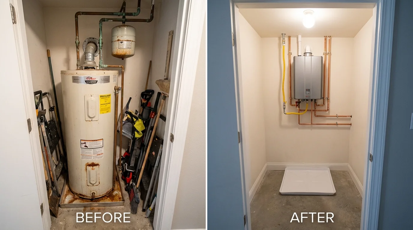 Tank water heater versus wall-mounted tankless unit comparison for Mankato, KS homeowners