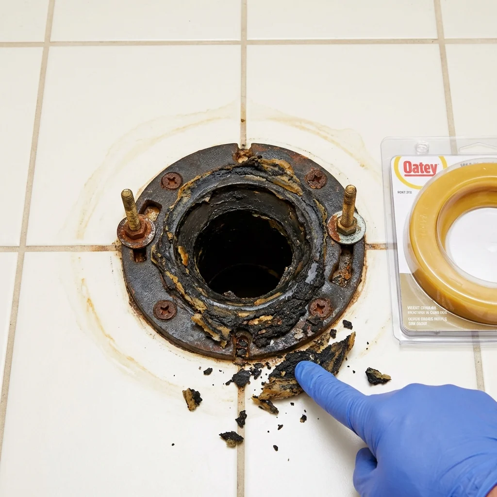 Failed wax ring showing water seepage at the base of a toilet in a Mankato, KS home