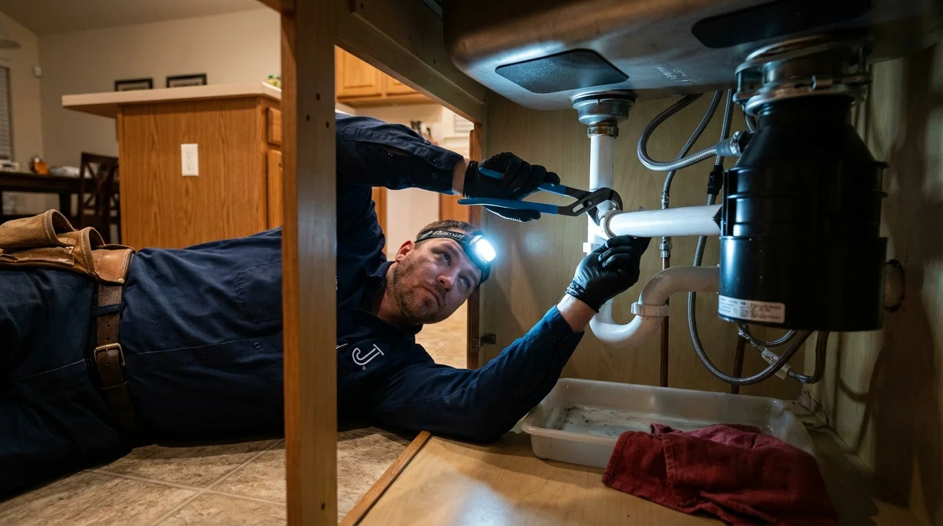 P-trap and supply line connections under a kitchen sink showing a common leak point in Mankato, KS